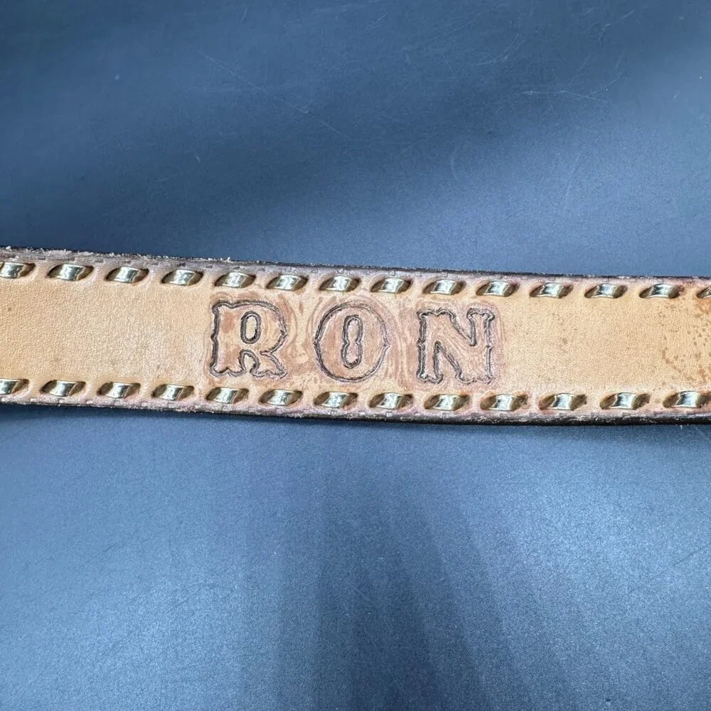 Vintage Leather Belt Eagle Leaf Western Personalized Ron Size 44 Handmade Retro - Picture 5 of 9